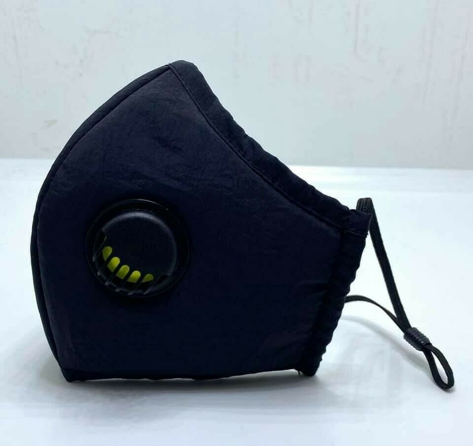 Black reusable adult face mask with adjustable straps and breathing valve, 3-ply protective mask by Hlpmedical