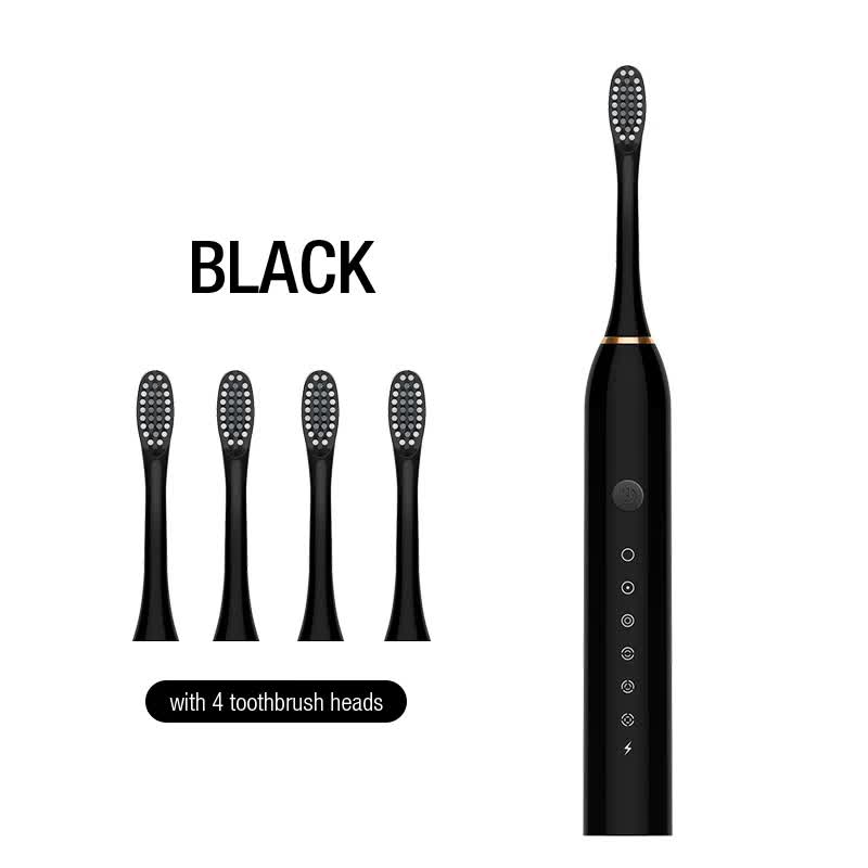 Hlpmedical X-3 Sonic Electric Toothbrush in sleek black with four replacement brush heads and USB charging cable for oral care.