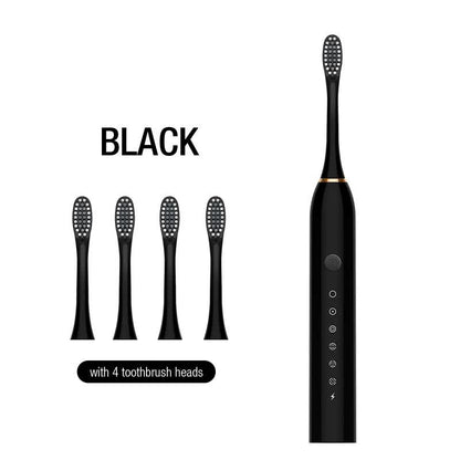 Hlpmedical X-3 Sonic Electric Toothbrush in sleek black with four replacement brush heads and USB charging cable for oral care.
