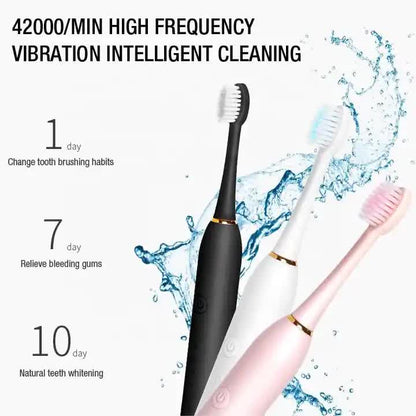 Hlpmedical X-3 Sonic Electric Toothbrush in sleek black with four replacement brush heads and USB charging cable, personal oral care.