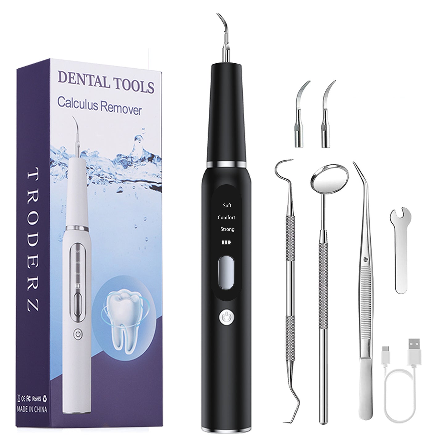 Black portable ultrasonic dental cleaner by Hlpmedical with compact design for home plaque, stain, and tartar removal.