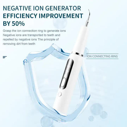 Black portable ultrasonic dental cleaner by Hlpmedical for home use, removes plaque, stains, and tartar from teeth effectively.