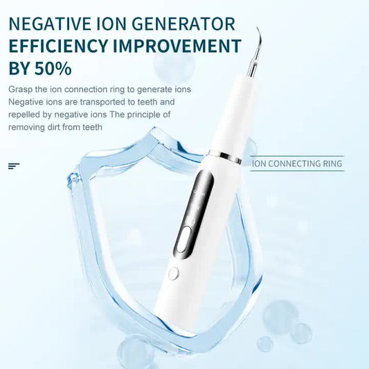 Black portable ultrasonic dental cleaner by Hlpmedical for home use, removes plaque, stains, and tartar from teeth effectively.