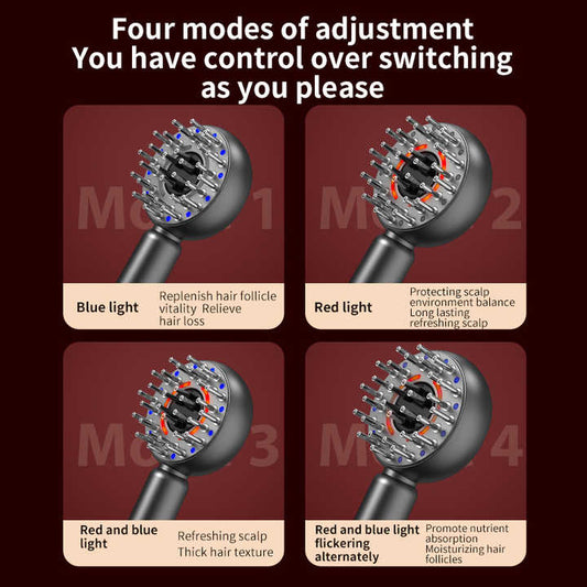 Blue Hlpmedical scalp massager brush with red light therapy for hair care, volumizing, and essence application.