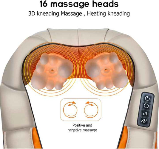 Beige portable neck and shoulder massager with heat feature, four-button control, designed for relaxation and muscle relief.