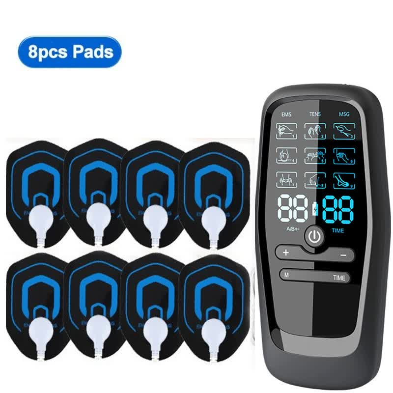 Hlpmedical dual output EMS/TENS massage device with 9 modes, Type-C charging, and 8 adhesive pads for muscle relaxation.