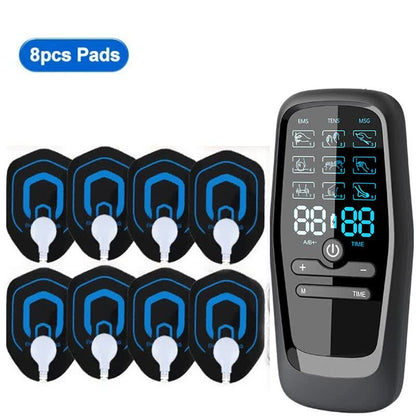 Hlpmedical dual output EMS/TENS massage device with 9 modes, Type-C charging, and 8 adhesive pads for muscle relaxation.
