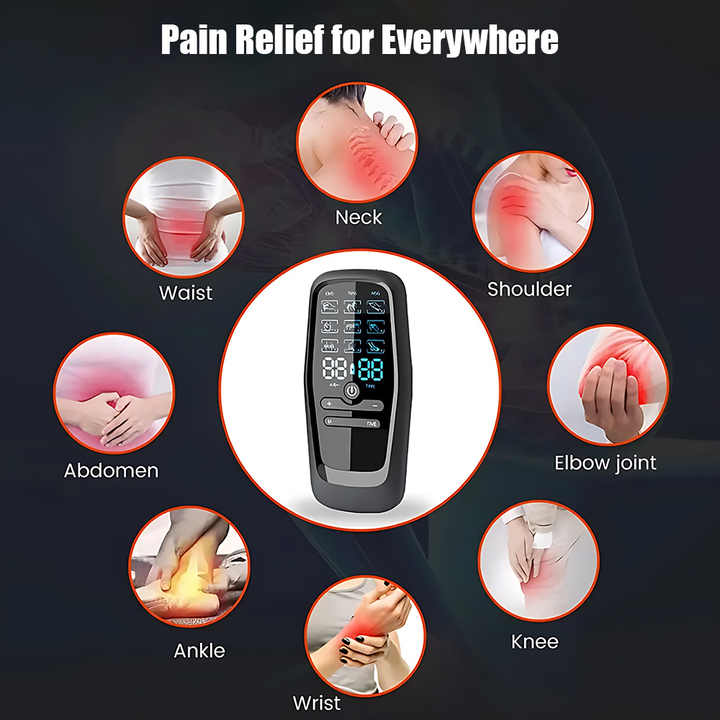 Hlpmedical dual output EMS/TENS massage device with 9 modes, Type-C charging, and 8 adhesive pads for muscle relief.