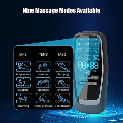 Hlpmedical dual output EMS/TENS massage device with 9 modes, Type-C charging, and 8 adhesive pads for muscle relaxation.
