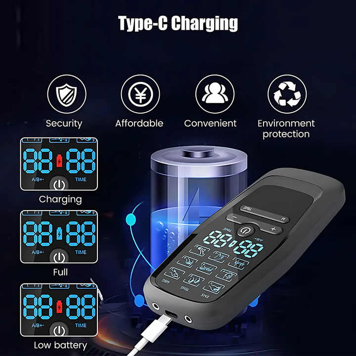 Hlpmedical dual output EMS/TENS massage device with 9 modes, Type-C charging, and 8 adhesive pads for pain relief and relaxation.