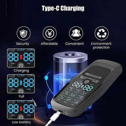 Hlpmedical dual output EMS/TENS massage device with 9 modes, Type-C charging, and 8 adhesive pads for pain relief and relaxation.