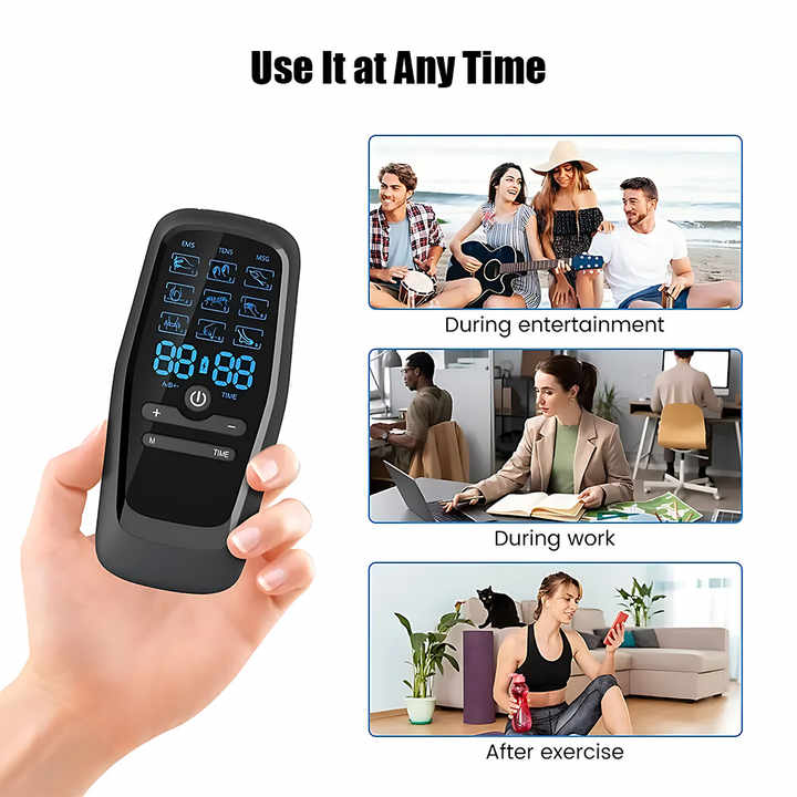Hlpmedical dual output EMS/TENS massage device with 8 adhesive pads, 9 modes, and Type-C charging for relaxation and pain relief.