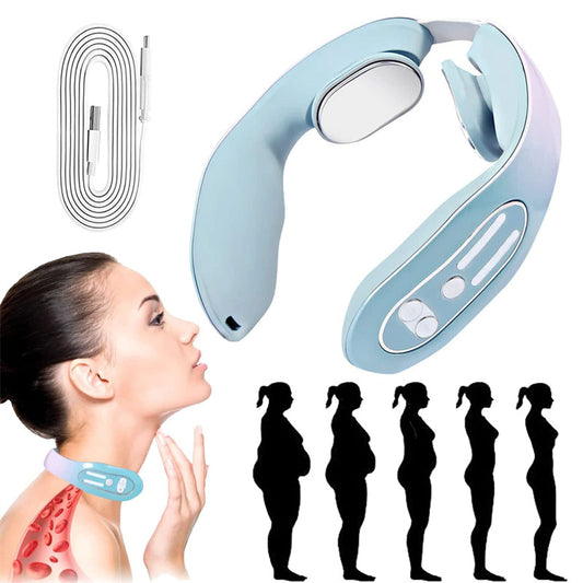 Hlpmedical Gradient Blue 12-level intelligent neck massager with heating for pain relief and relaxation, shown on neck.