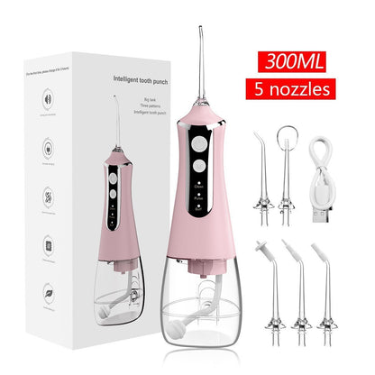 Pink 300ML cordless water flosser with 5 nozzles, rechargeable portable oral irrigator by Hlpmedical for effective oral care.
