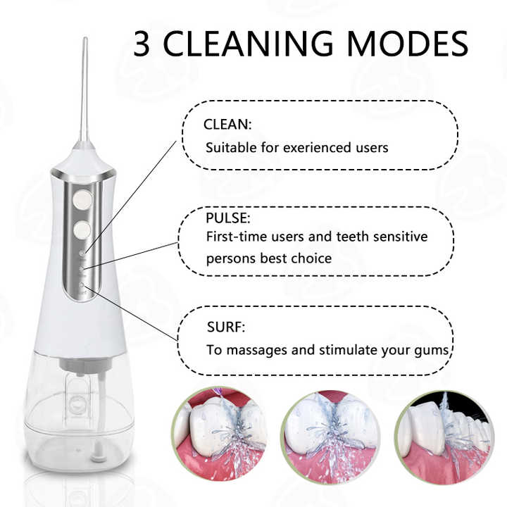 Pink 300ml cordless water flosser by Hlpmedical with five nozzles, rechargeable portable oral irrigator for effective dental cleaning.