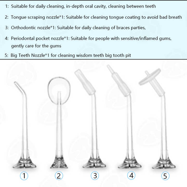 Pink 300ML cordless water flosser with five nozzles from Hlpmedical, portable rechargeable oral irrigator for effective dental cleaning.
