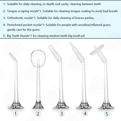 Pink 300ML cordless water flosser with five nozzles from Hlpmedical, portable rechargeable oral irrigator for effective dental cleaning.