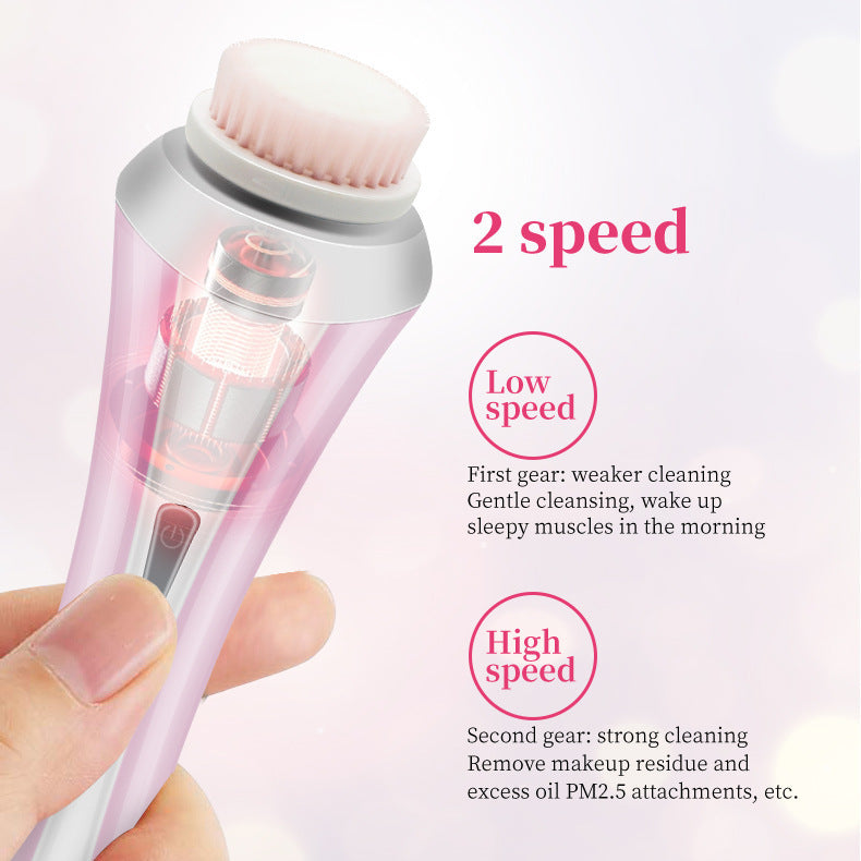 Pink rechargeable facial cleansing brush kit with 4 heads and charging dock, designed for gentle skincare.