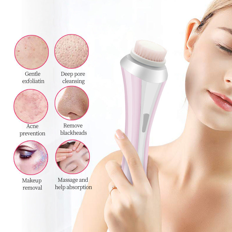 Pink rechargeable facial cleansing brush kit with four heads and charging dock for gentle skin care and facial cleansing.