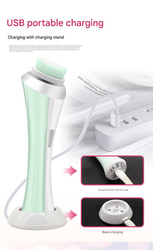Pink rechargeable facial cleansing brush kit with four heads and charging dock, designed for gentle skincare.