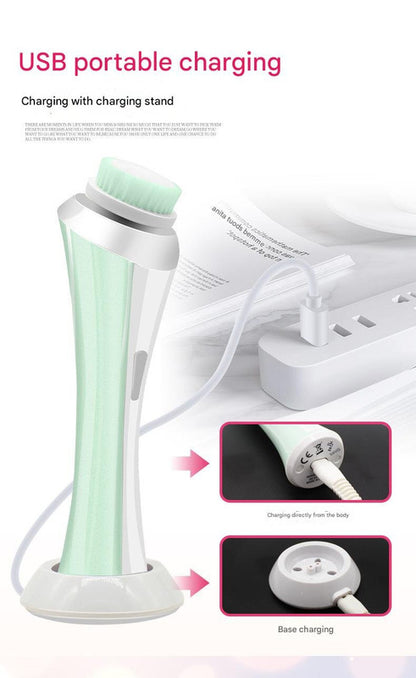 Pink rechargeable facial cleansing brush kit with four heads and charging dock, designed for gentle skincare.