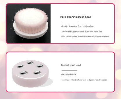 Pink rechargeable facial cleansing brush kit with four heads and charging dock, designed for gentle skincare and baby grooming.