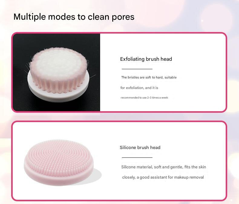 Pink rechargeable facial cleansing brush kit with four heads and charging dock, designed for gentle skincare.