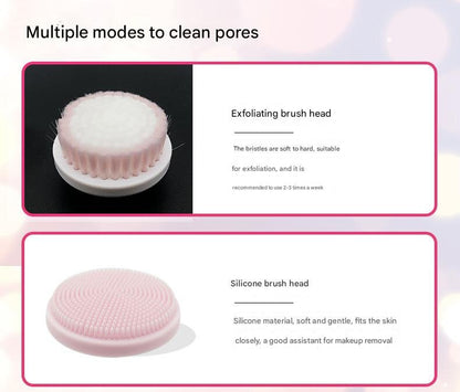 Pink rechargeable facial cleansing brush kit with four heads and charging dock, designed for gentle skincare.