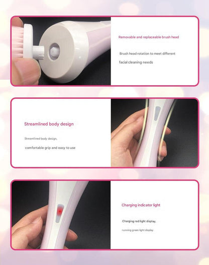 Pink rechargeable facial cleansing brush kit with four heads and charging dock, designed for gentle skin care and cleansing.