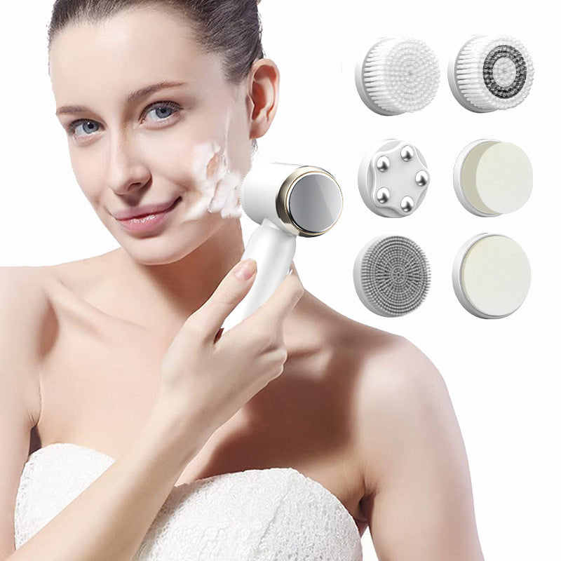 White 6-in-1 electric facial cleansing brush set by Hlpmedical, rechargeable, waterproof, designed for gentle skincare routines.