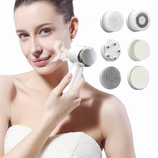 White Hlpmedical 6-in-1 electric facial cleansing brush set with rechargeable, waterproof design, suitable for gentle skin care.