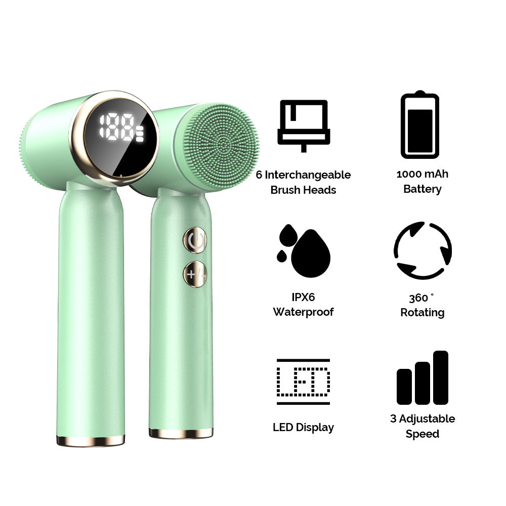 Purple 6-in-1 electric facial cleansing brush set by Hlpmedical, waterproof and rechargeable, designed for skincare and grooming.