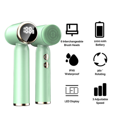 Purple 6-in-1 electric facial cleansing brush set by Hlpmedical, waterproof and rechargeable, designed for skincare and grooming.