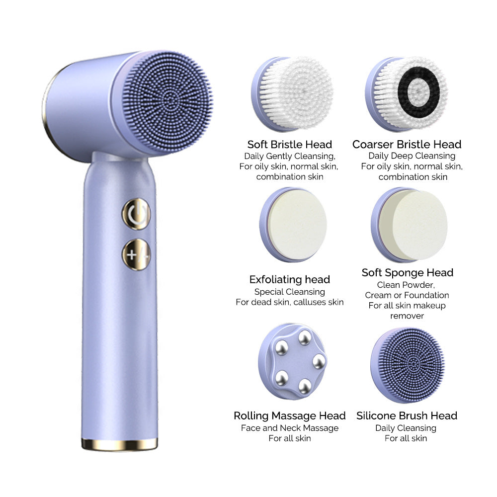 Purple 6-in-1 electric facial cleansing brush set by Hlpmedical, rechargeable and waterproof, designed for gentle skin cleansing.