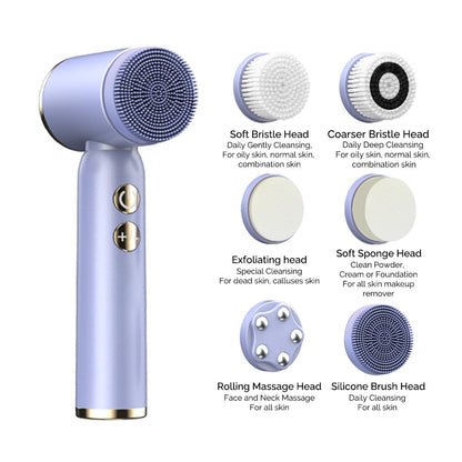 Purple 6-in-1 electric facial cleansing brush set by Hlpmedical, rechargeable and waterproof, designed for gentle skin cleansing.