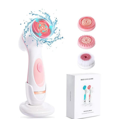 Pink waterproof facial cleansing spin brush set by Hlpmedical with 3 interchangeable heads and charging stand for gentle skin care.