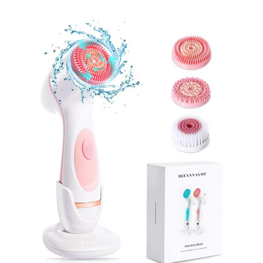 Pink waterproof facial cleansing spin brush set by Hlpmedical with 3 interchangeable heads and charging stand for gentle skin care.