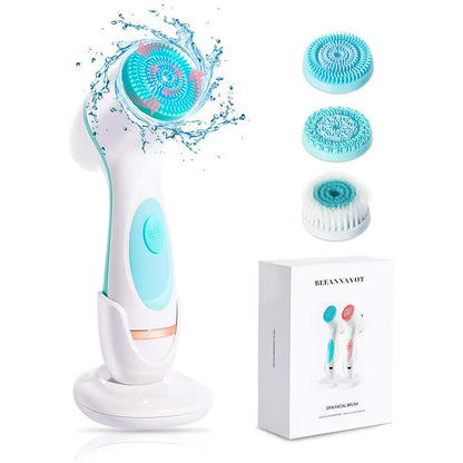 Blue waterproof Hlpmedical facial cleansing spin brush set with 3 heads and charging stand, designed for gentle skincare.