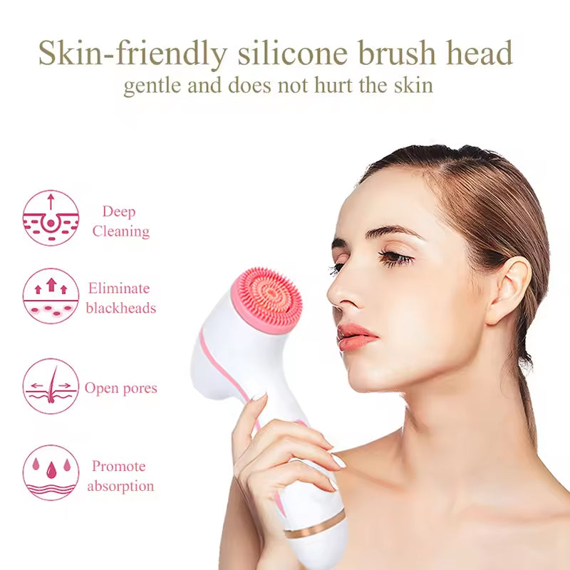 Blue waterproof facial cleansing spin brush set by Hlpmedical with 3 replaceable heads and charging stand for gentle skincare.