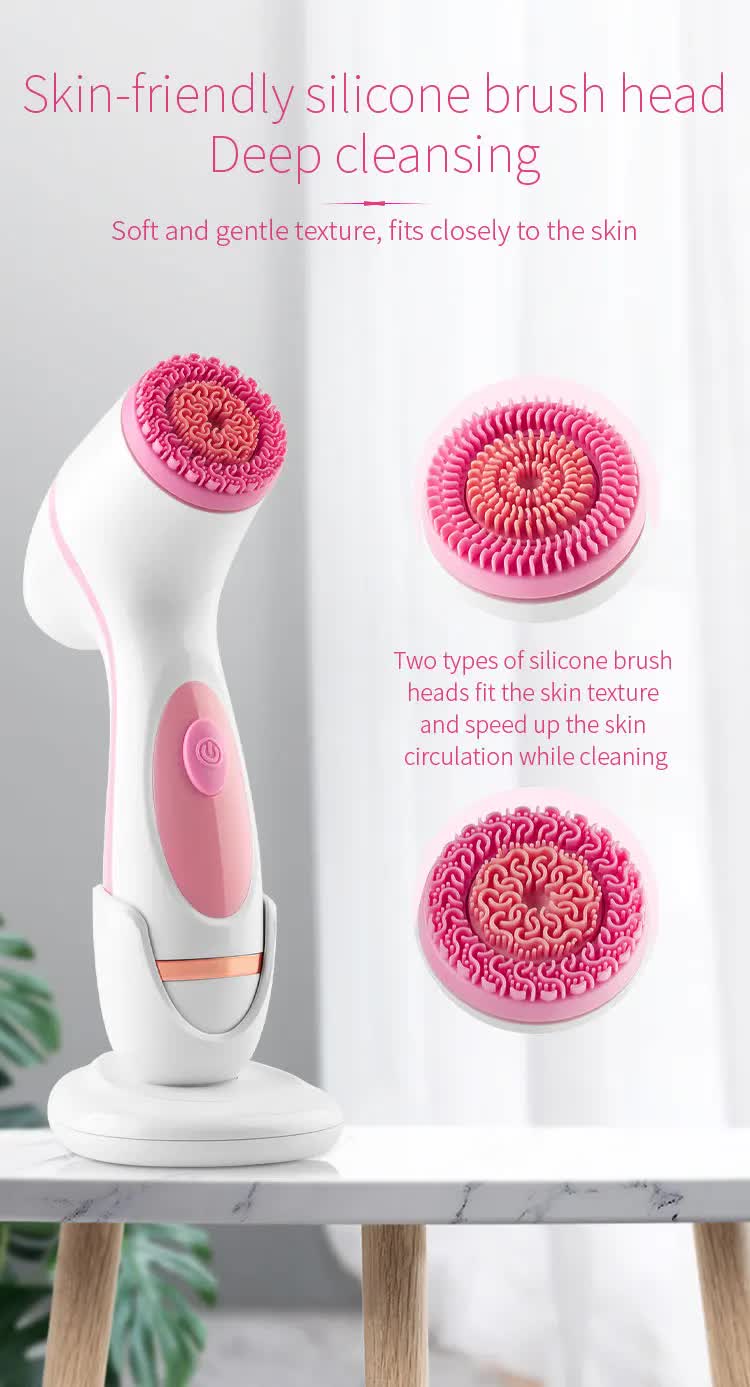 Blue waterproof facial cleansing spin brush set by Hlpmedical with 3 interchangeable heads and charging stand for gentle skin care.