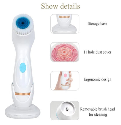 Blue waterproof facial cleansing spin brush set by Hlpmedical with 3 replaceable heads and charging stand for gentle skin care.