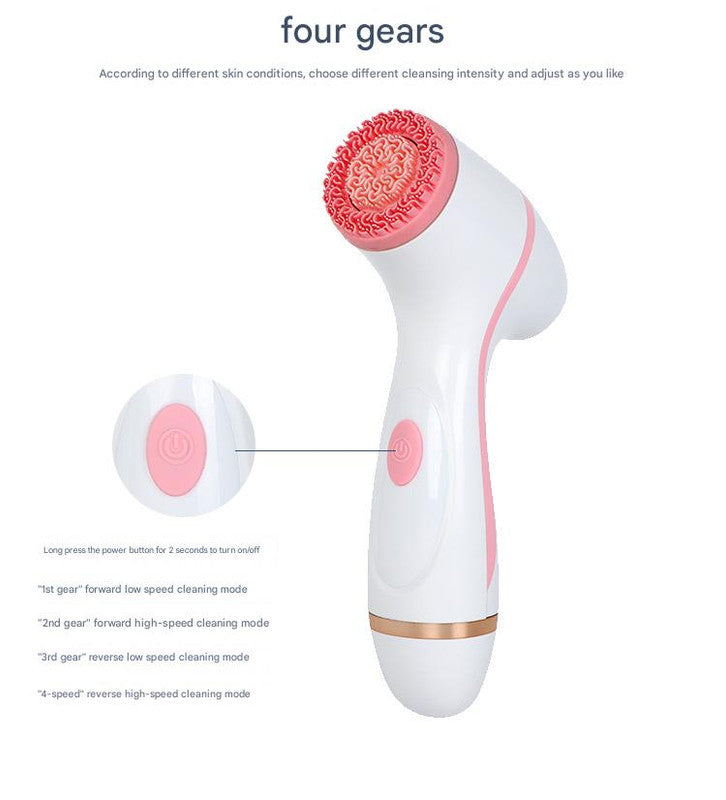 Blue waterproof facial cleansing spin brush set by Hlpmedical with 3 heads and charging stand, designed for gentle skincare.