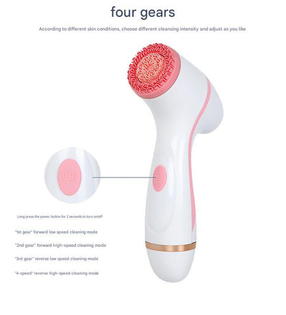 Blue waterproof facial cleansing spin brush set by Hlpmedical with 3 heads and charging stand, designed for gentle skincare.