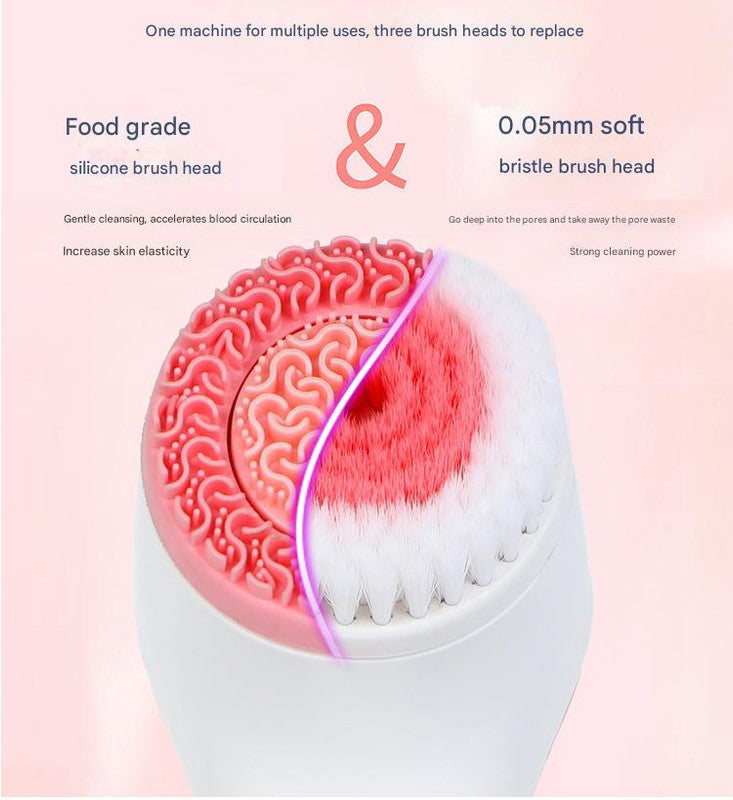 Blue waterproof facial cleansing spin brush set by Hlpmedical with 3 heads and charging stand, designed for gentle skin cleansing.