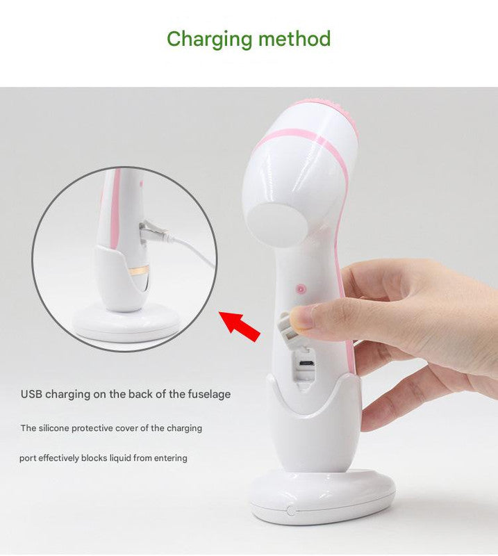 Blue waterproof facial cleansing spin brush set by Hlpmedical with 3 interchangeable heads and charging stand for gentle skin care.
