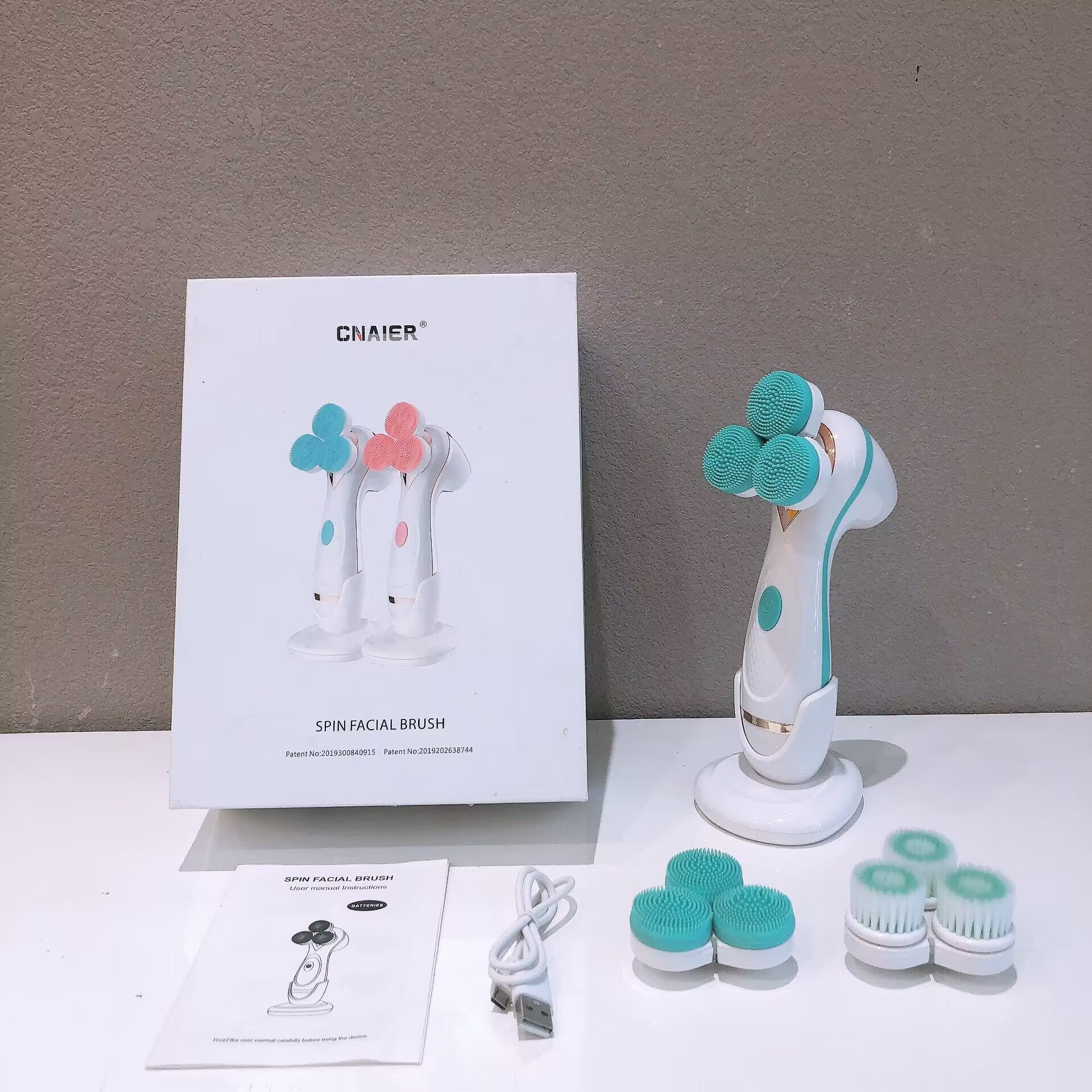 Blue Hlpmedical 3-head electric facial cleansing brush for babies and kids, rechargeable spin scrubber kit for gentle skincare.