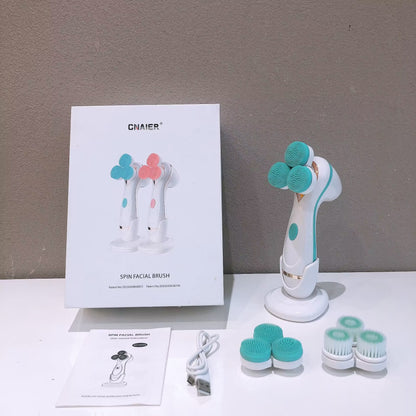 Blue Hlpmedical 3-head electric facial cleansing brush for babies and kids, rechargeable spin scrubber kit for gentle skincare.