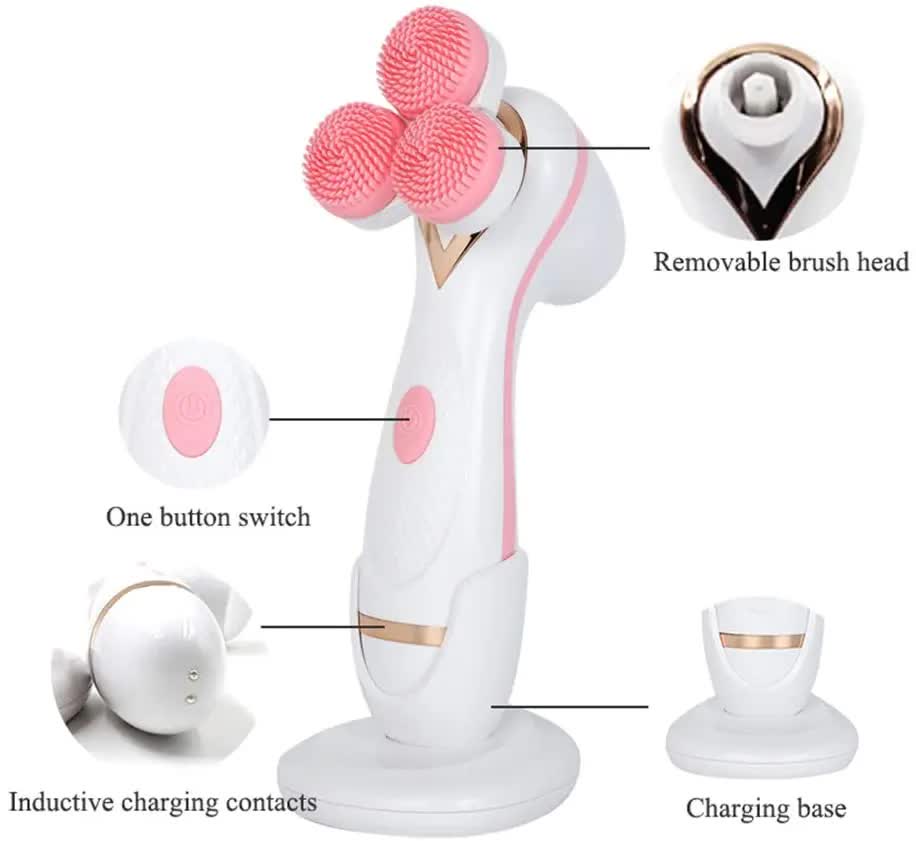 Blue Hlpmedical 3-head electric facial cleansing brush for babies and kids, rechargeable spin scrubber kit for gentle skin cleaning.