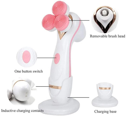 Blue Hlpmedical 3-head electric facial cleansing brush for babies and kids, rechargeable spin scrubber kit for gentle skin cleaning.
