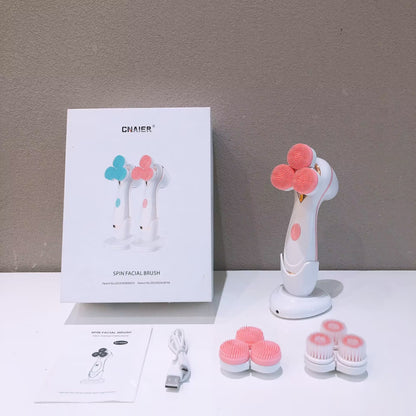 Pink Hlpmedical 3-head electric facial cleansing brush for babies, rechargeable spin scrubber kit for gentle skincare and grooming.